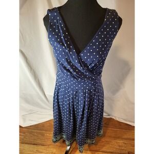 Lands End Dress Small Blue Polka Dot Stretch Pima Faux Wrap Beach
